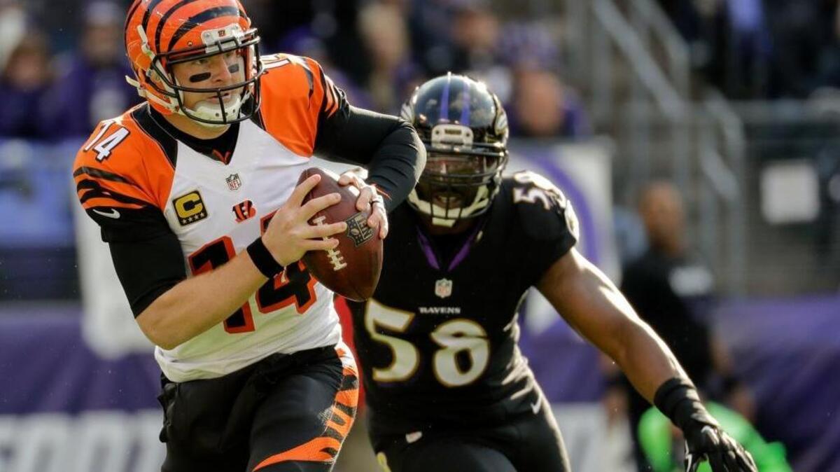 In this Nov. 27, 2016, file photo, Cincinnati Bengals quarterback Andy Dalton (14) scrambles out of the reach of Baltimore Ravens outside linebacker Elvis Dumervil (58) during the first half of an NFL football game in Baltimore.