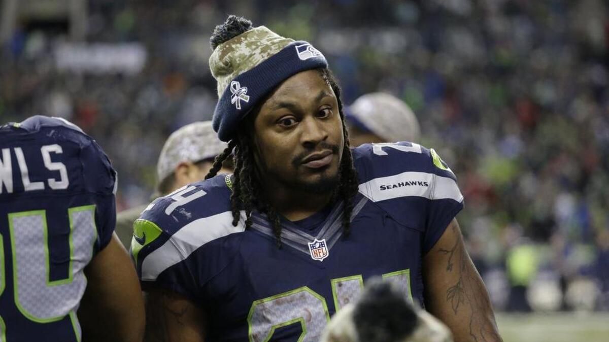 Seattle Seahawks running back Marshawn Lynch rushed for 122 yards in last month’s game against the 49ers, and he’s had at least 98 rushing yards in the last five games against San Francisco. ... Lynch talks to teammates on the sideline during an NFL football game against the Arizona Cardinals, Sunday, Nov. 15, 2015, in Seattle.
