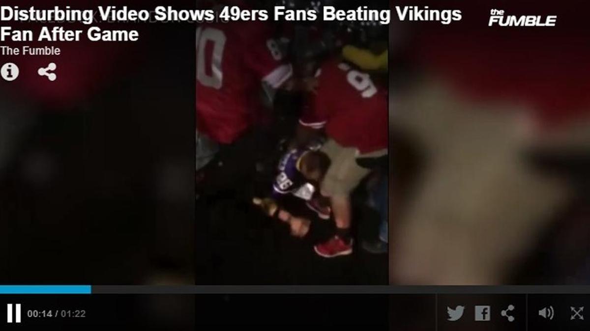 
A video shows images of an assault on a person in a Minnesota Vikings jersey by other people wearing San Francisco 49ers gear following the 49ers-Vikings game Monday night.

