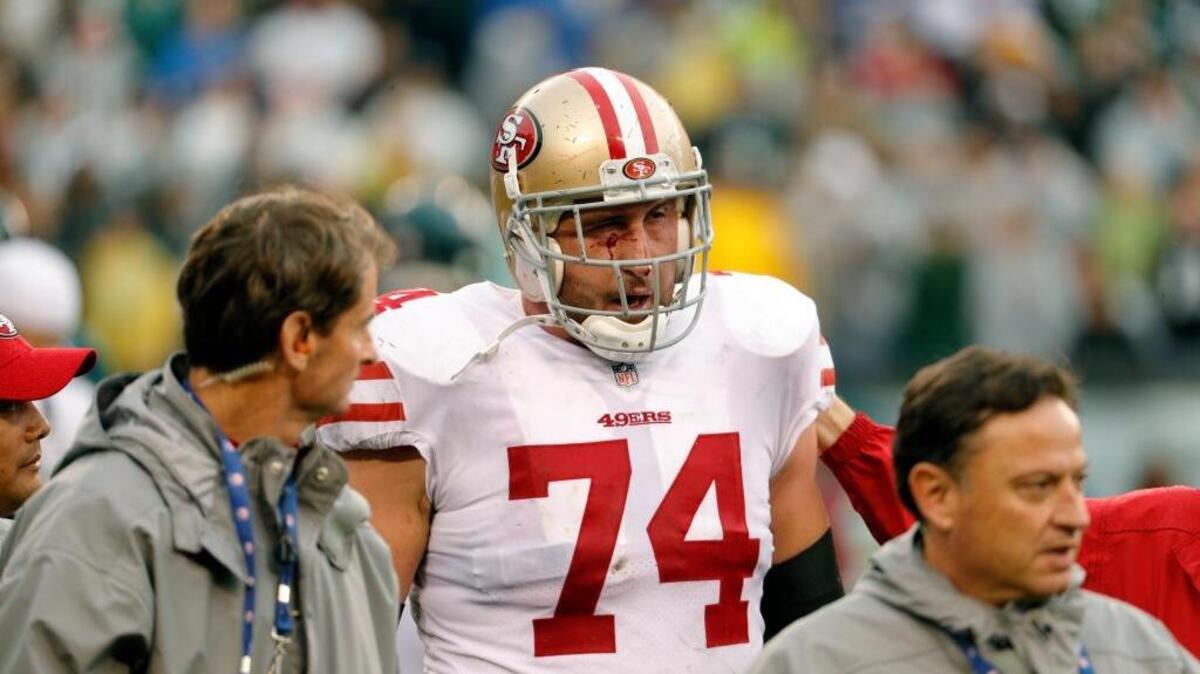 San Francisco 49ers' Joe Staley (74) walks off the field injured during the first half of an NFL football game against the Philadelphia Eagles, Sunday, Oct. 29, 2017, in Philadelphia.