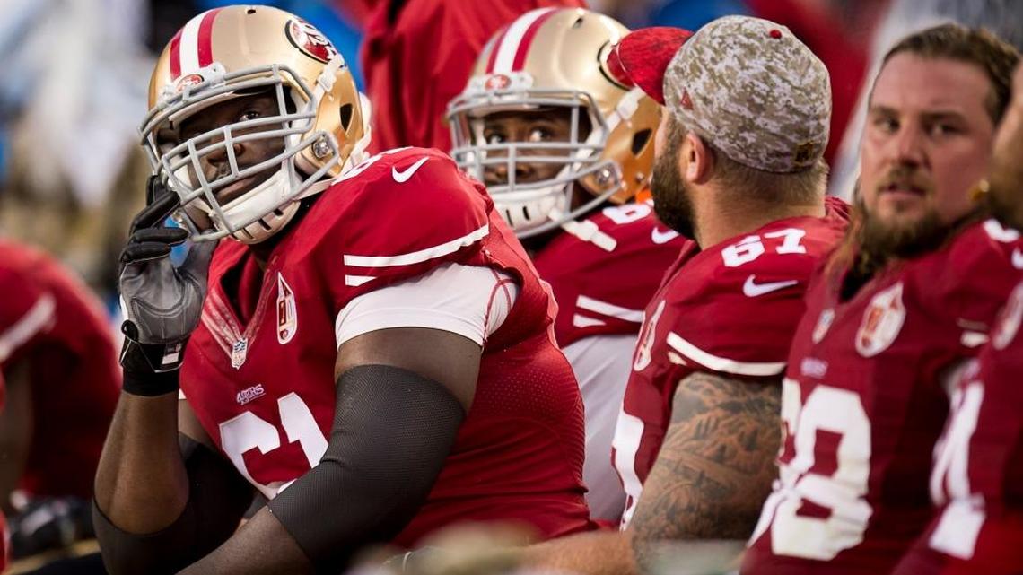 San Francisco 49ers guard Andrew Tiller (61) looks at the scoreboard in the final minutes of an NFL football game against the New England Patriots, Sunday, Nov. 20, 2016 at Levi’s Stadium in Santa Clara. The 49ers lost 30-17 for their ninth loss in a row. Their current losing streak reached 11 with Sunday’s road loss to the Chicago Bears.