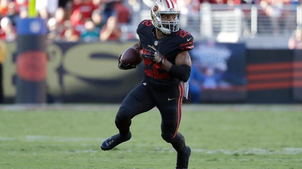 San Francisco 49ers running back Matt Breida (22) runs against the Los Angeles Rams during an NFL football game in Santa Clara, Calif., Thursday, Sept. 21, 2017.