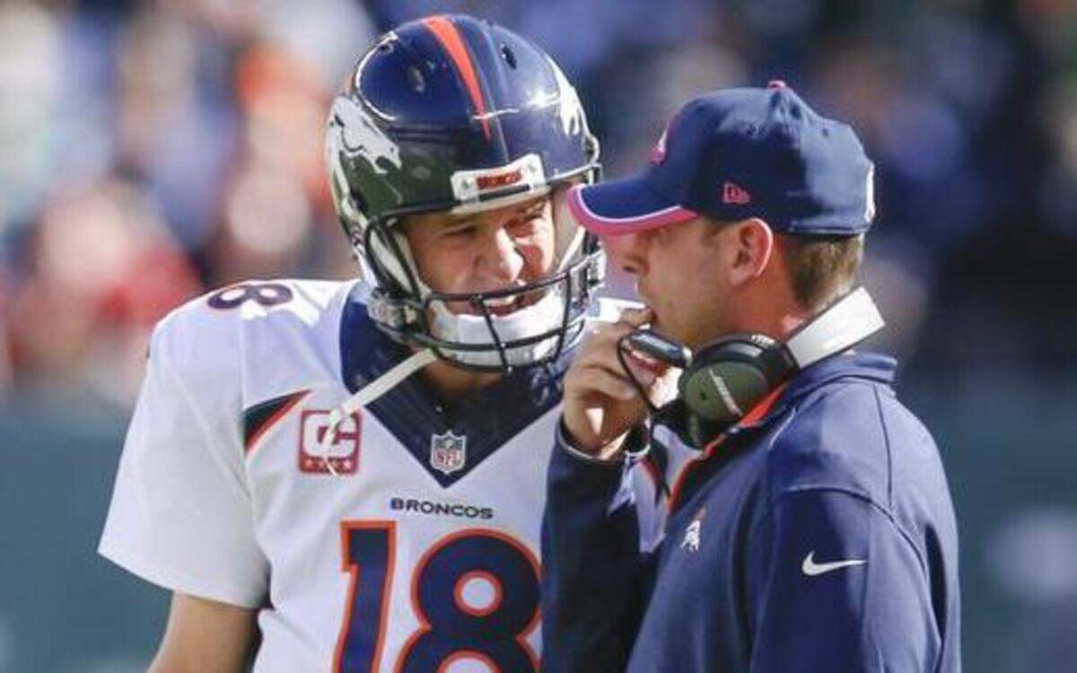 
Denver quarterback Peyton Manning (18) talks with offensive coordinator Adam Gase between plays during the third quarter against the New York Jets in East Rutherford, N.J. 
