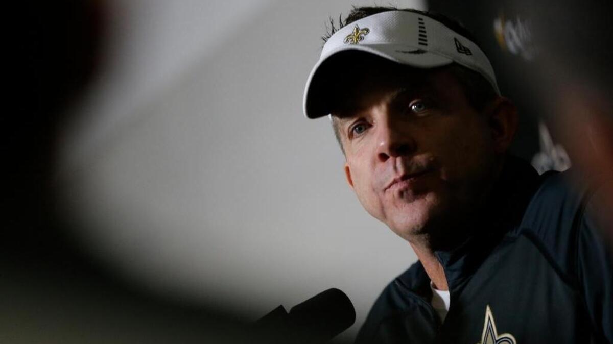 New Orleans Saints head coach Sean Payton speaks at a news conference after the second half of an NFL football game against the Atlanta Falcons, Sunday, Jan. 3, 2016, in Atlanta. The New Orleans Saints won 20-17.