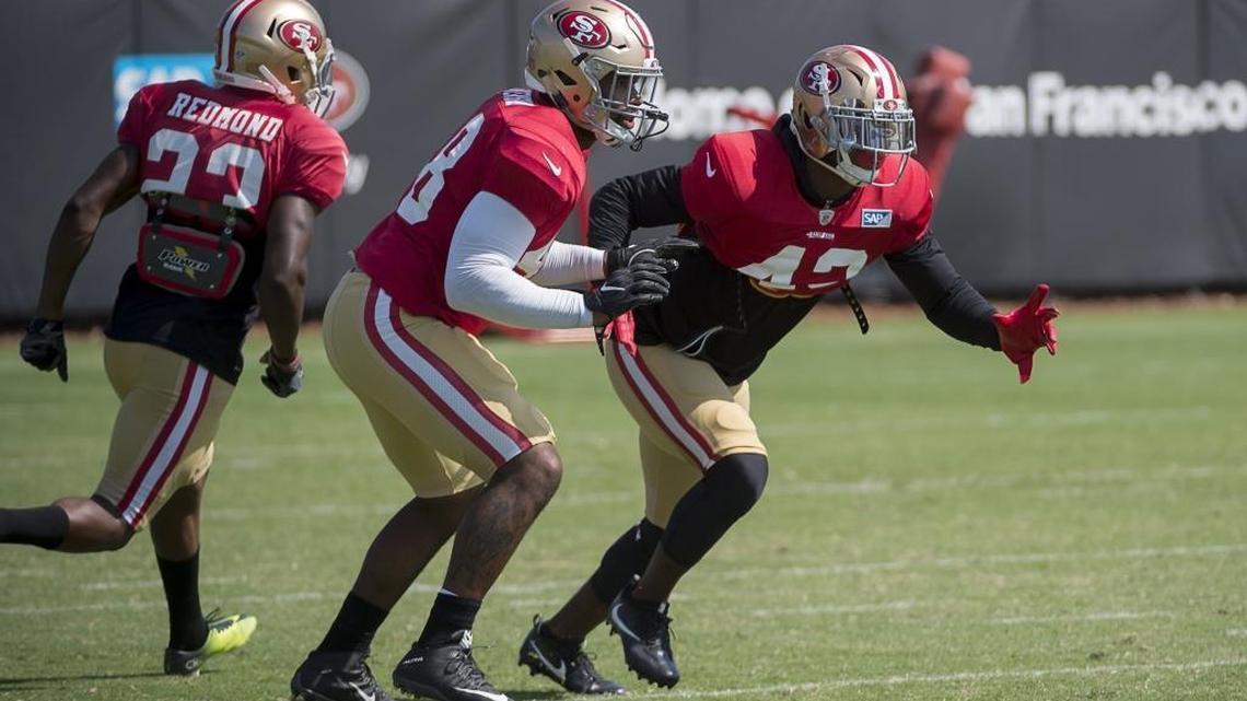 Donavin Newsom, center, was injured on Aug. 8 during the 49ers training camp at Levi's Stadium in Santa Clara.