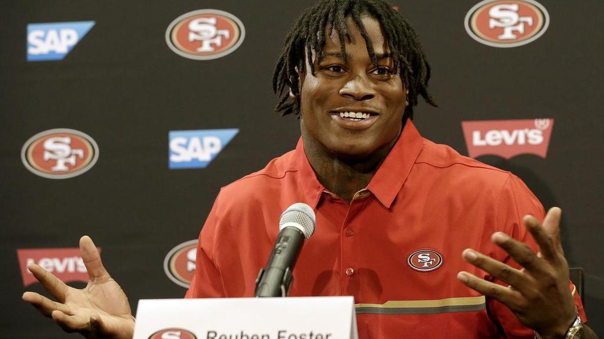 San Francisco 49ers draft pick Reuben Foster answers questions at a news conference in Santa Clara, Calif., on Friday, April 28, 2017.