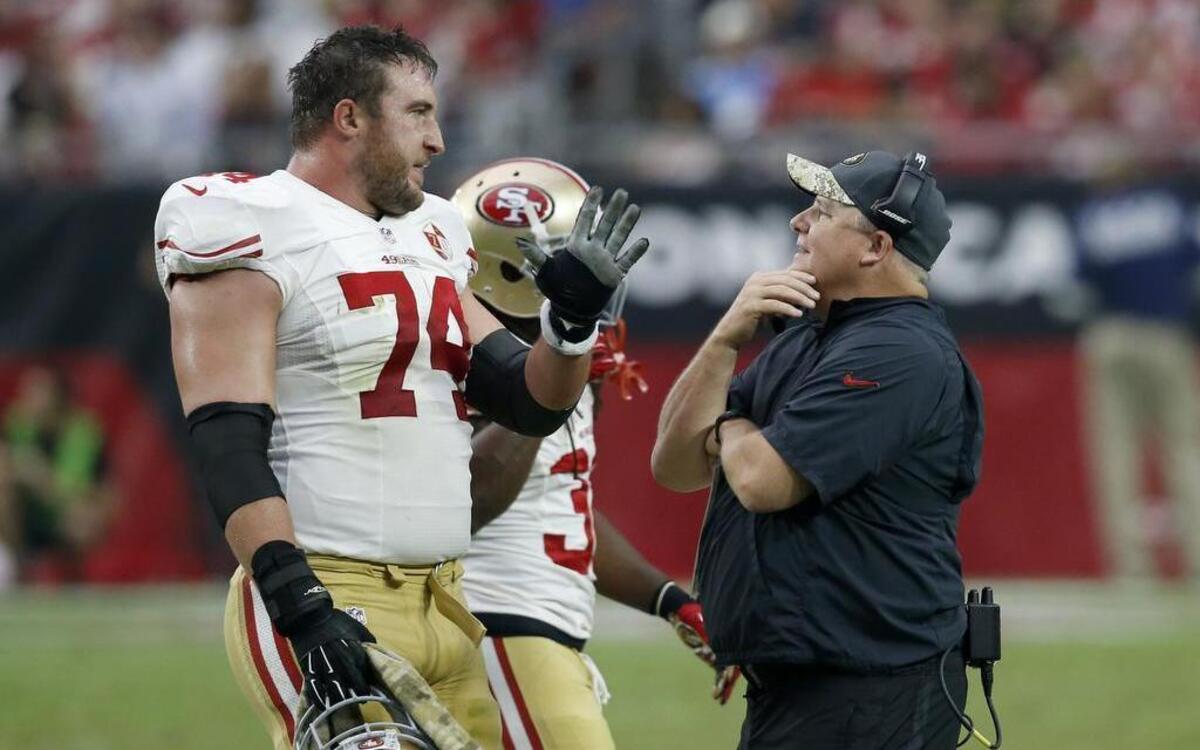 San Francisco 49ers head coach Chip Kelly talks with San Francisco 49ers tackle Joe Staley (74) during the first half of an NFL football game against the Arizona Cardinals, Sunday, Nov. 13, 2016, in Glendale, Ariz.