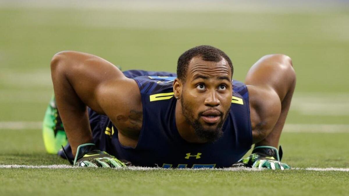 Temple defensive end Haason Reddick runs a drill at the NFL football scouting combine in Indianapolis, Sunday, March 5, 2017.