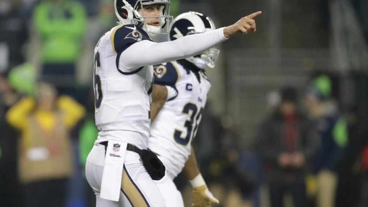 Los Angeles Rams quarterback Jared Goff, expected to play despite being in the league’s concussion program, is 0-5 as the team’s starter. ... Goff gestures to his team during an NFL football game against the Seattle Seahawks, Thursday, Dec. 15, 2016, in Seattle.