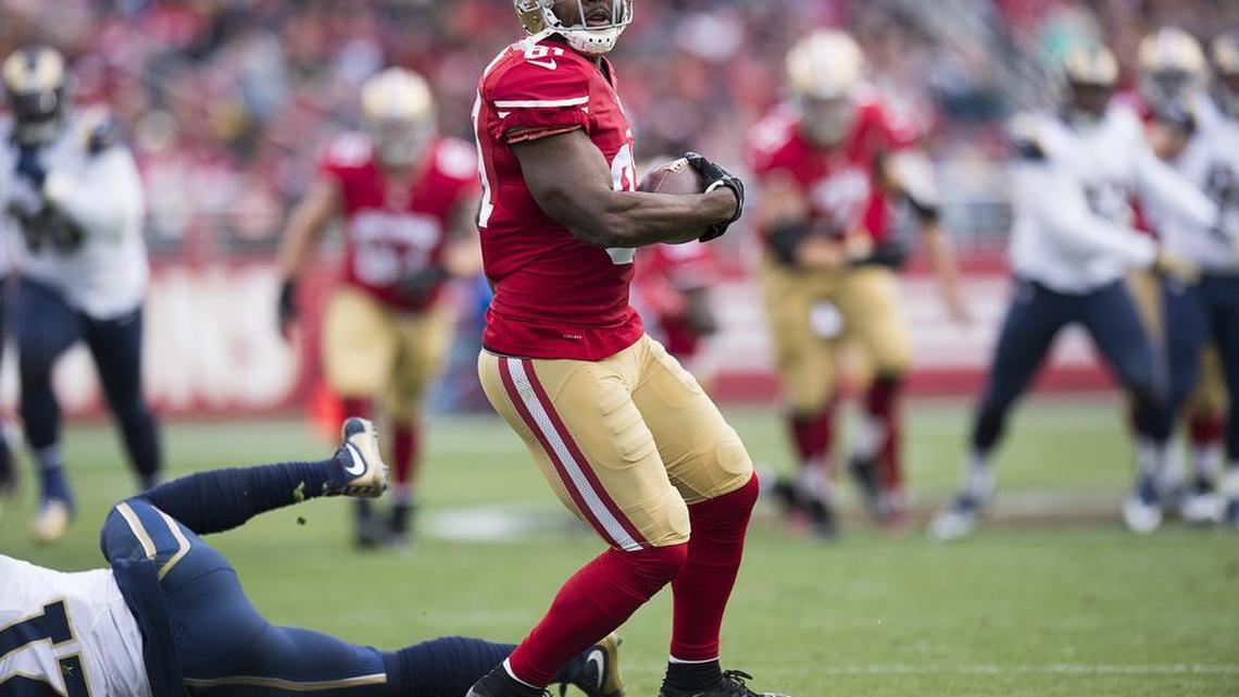 San Francisco 49ers wide receiver Anquan Boldin (81) scores a touchdown in the second quarter during a game against the St. Louis Rams on Sunday January 3, 2016 in Santa Clara.