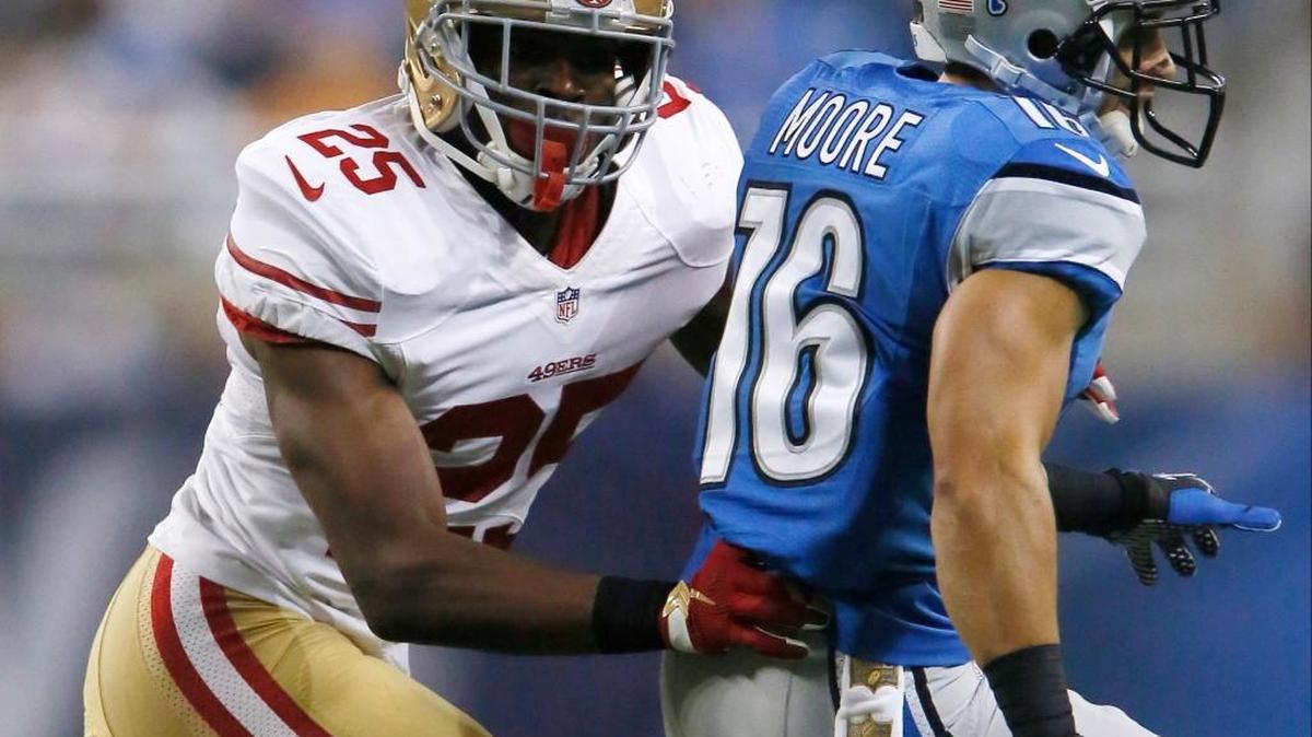 San Francisco 49ers safety Jimmie Ward (25) covers Detroit Lions wide receiver Lance Moore (16) during the first half of an NFL football game, Sunday, Dec. 27, 2015, in Detroit.