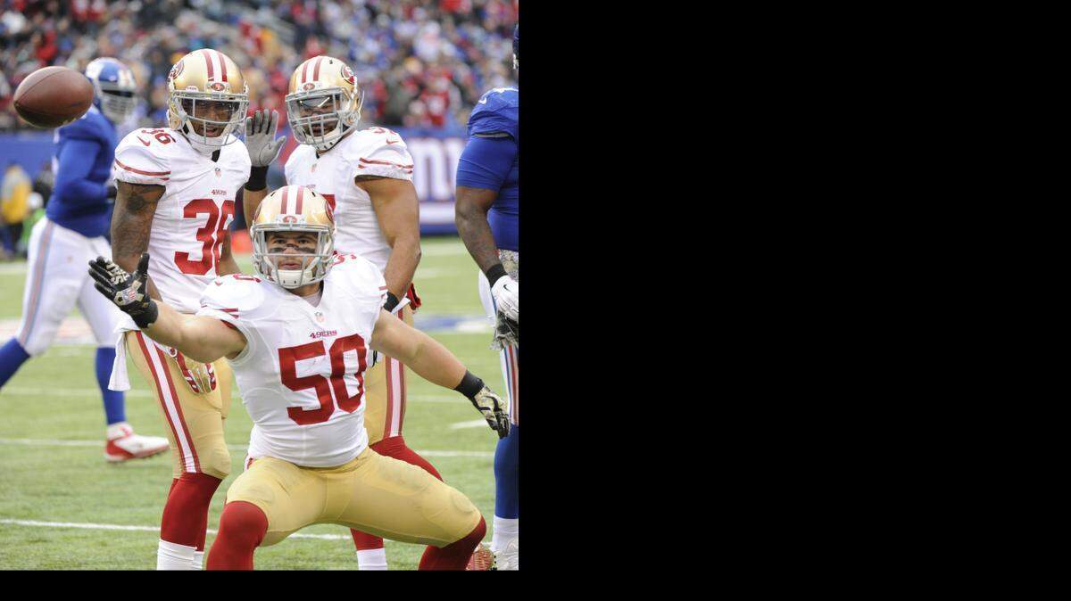 
San Francisco’s Chris Borland (50), who as a rookie last year led the 49ers in tackles, told ESPN’s “Outside the Lines” that he is stepping away from the game at age 24 because of concerns about the long-term effects of head trauma.
