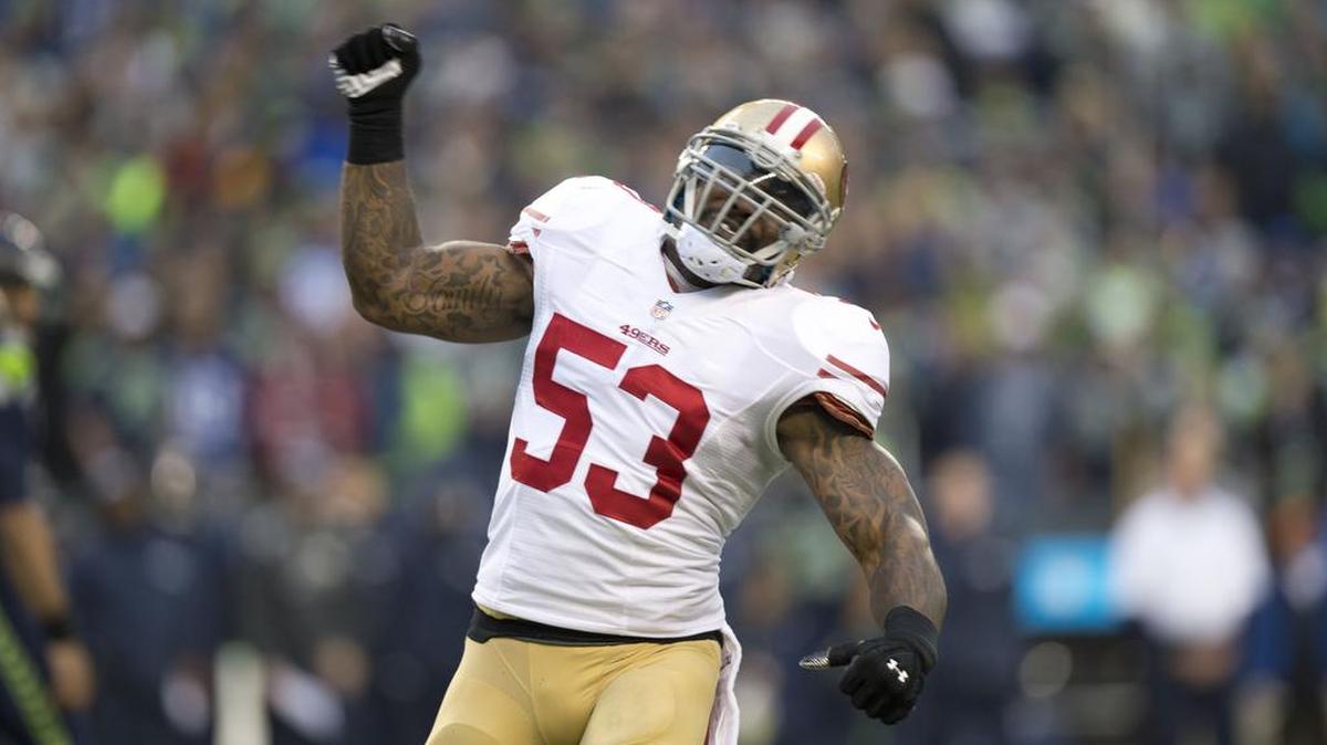 San Francisco 49ers inside linebacker NaVorro Bowman (53) celebrates a defensive stop during the NFC championship game between the San Francisco 49ers and the Seahawks at CenturyLink Field in Seattle, Wash. on Sunday, Jan. 19, 2014. “I just want to win, but, of course, some emotions will be inside of me,” Bowman said of Sunday’s game against Seattle. “I plan on revisiting the spot where I went down and just thanking God for having a chance to be back out there.”