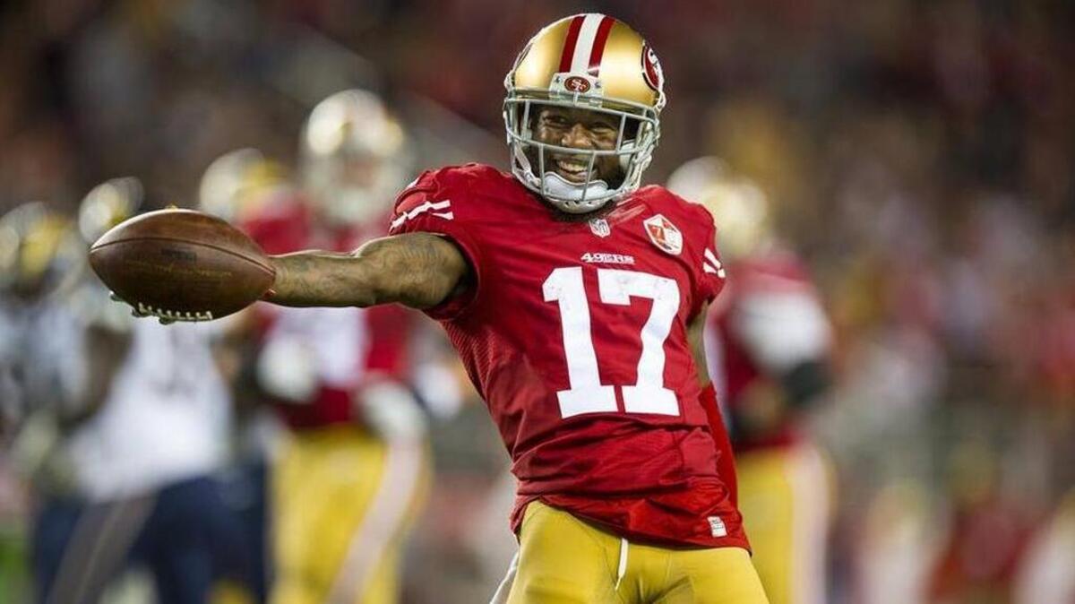 49ers receiver Jeremy Kerley poses after a first-down catch against the Los Angeles Rams in Week 1.