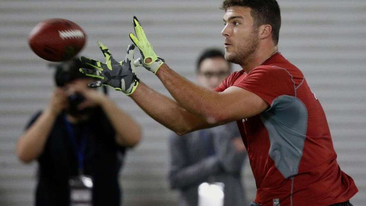 
Blake Bell works out for NFL scouts during Oklahoma Pro Day in Norman, Okla., on Wednesday, March 11, 2015. Bell, who was the Sooners’ starting quarterback, has moved to tight end.
