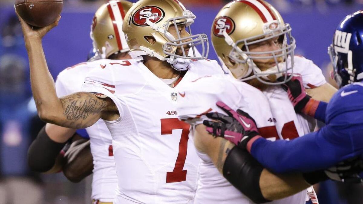 
San Francisco 49ers quarterback Colin Kaepernick (7) throws against the N.Y. Giants during the second quarter on Sunday, Oct. 11, 2015, in East Rutherford, N.J.

