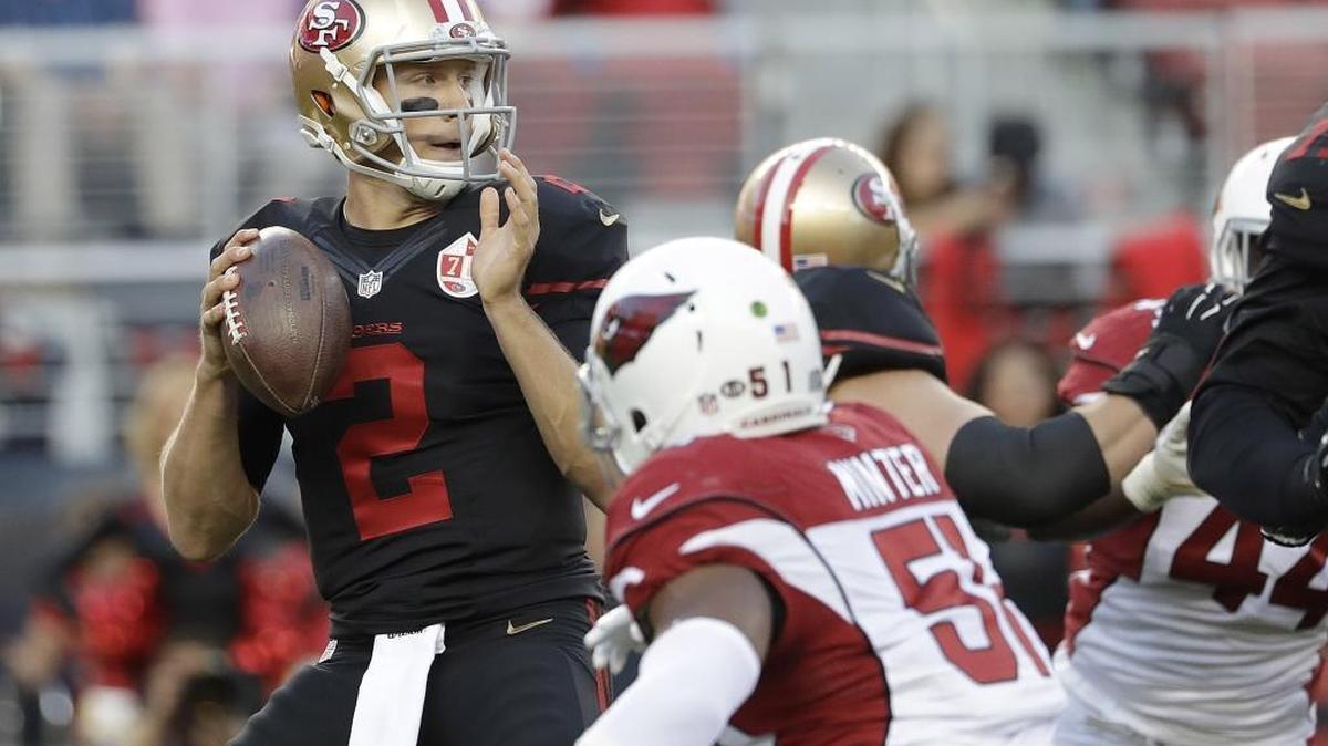 San Francisco 49ers quarterback Blaine Gabbert (2) passes against the Arizona Cardinals during the first half of an NFL football game in Santa Clara, Calif., Thursday, Oct. 6, 2016.