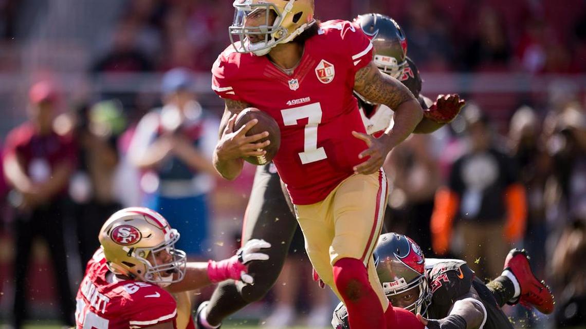 Colin Kaepernick scrambles against Tampa Bay on Oct. 23. He has led the 49ers in rushing in three of his four starts.