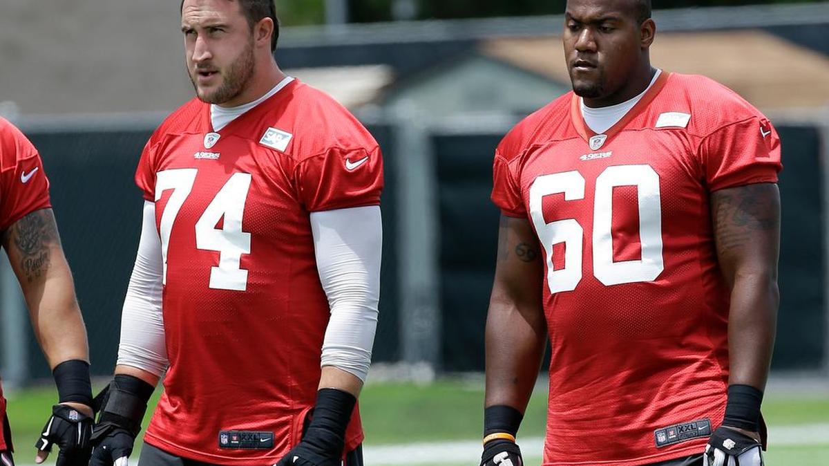 
San Francisco 49ers offensive tackle Joe Staley (74) and guard Brandon Thomas are shown during practice at an NFL football facility in Santa Clara, Calif., Friday, May 29, 2015. 
