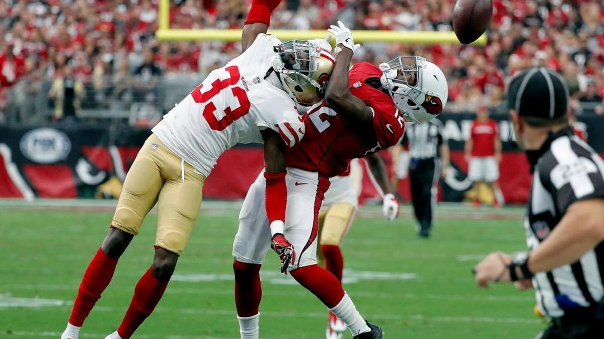 San Francisco 49ers cornerback Rashard Robinson (33) breaks up a pass intended for Arizona Cardinals wide receiver John Brown (12) during the first half of an NFL football game, Sunday, Oct. 1, 2017, in Glendale, Ariz.
