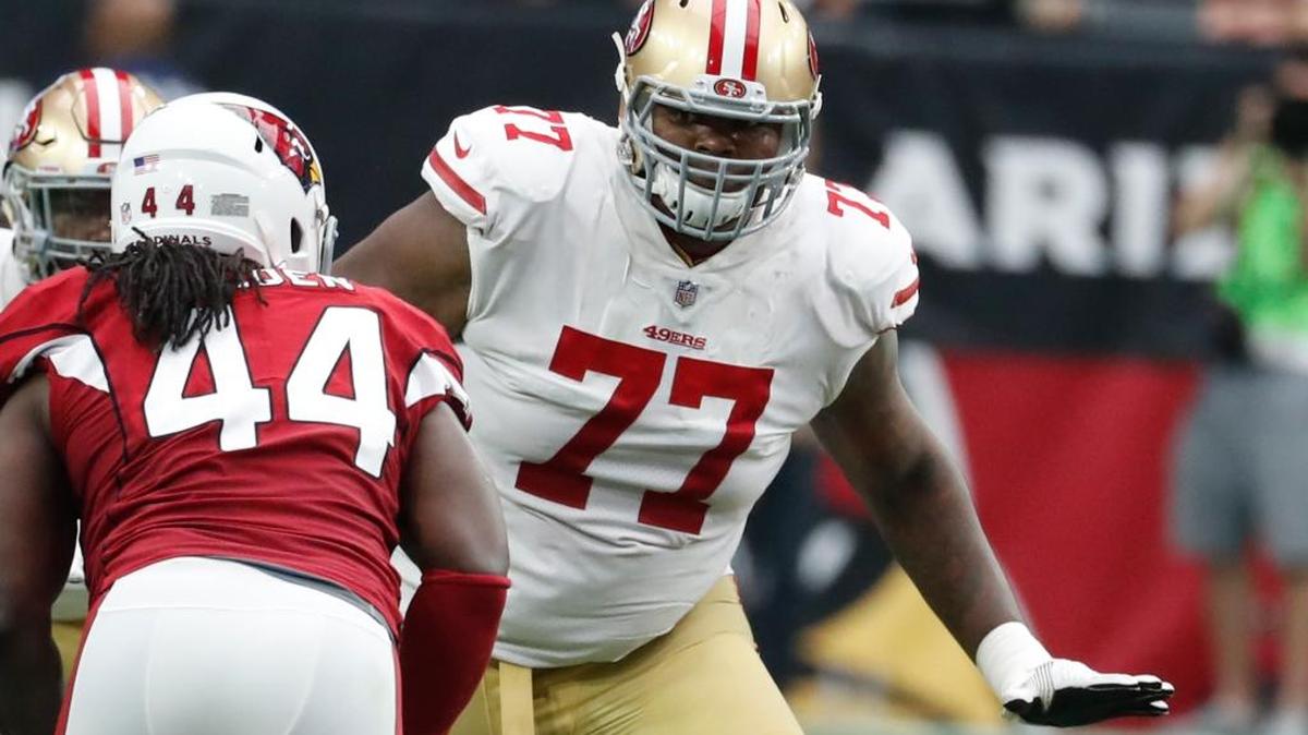 San Francisco 49ers offensive tackle Trent Brown (77) during an NFL football game against the Arizona Cardinals, Sunday, Oct. 1, 2017, in Glendale, Ariz.