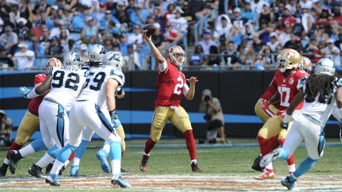 San Francisco 49ers' Blaine Gabbert (2) looks to pass against the Carolina Panthers in the second half of an NFL football game in Charlotte, N.C., Sunday, Sept. 18, 2016.