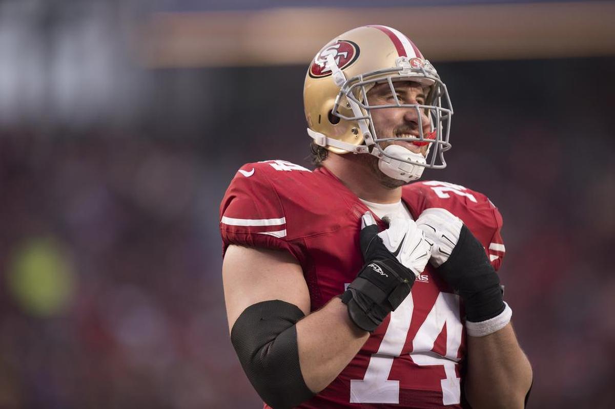 San Francisco 49ers tackle Joe Staley during a timeout in the fourth quarter in the NFL game between the 49ers and St. Louis Rams on Sunday, Jan. 3, 2016 at Levi’s Stadium in Santa Clara. Staley played on the offensive line at Central Michigan, in the Mid-American Conference.