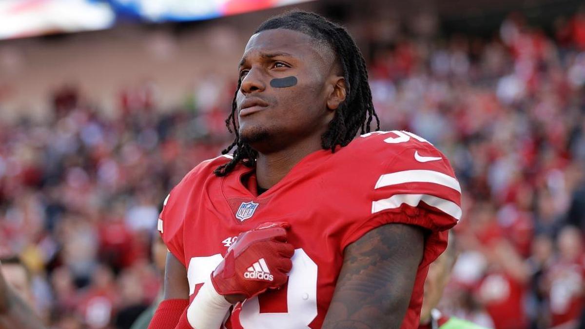 San Francisco 49ers defensive back Adrian Colbert (38) stands during the performance of the national anthem before an NFL football game against the New York Giants in Santa Clara, Calif., Sunday, Nov. 12, 2017.