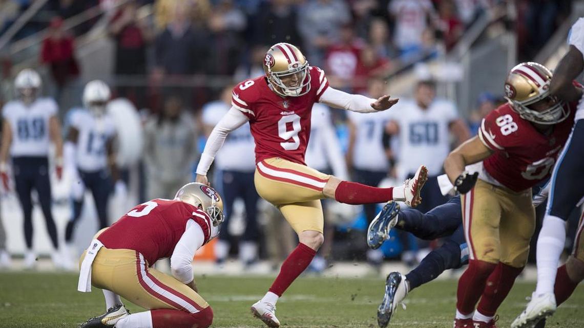 San Francisco 49ers’ Robbie Gould kicks the game-winning field goal in the fourth quarter during a game at Levi’s Stadium in Santa Clara, Calif. on Sunday December 17, 2017.