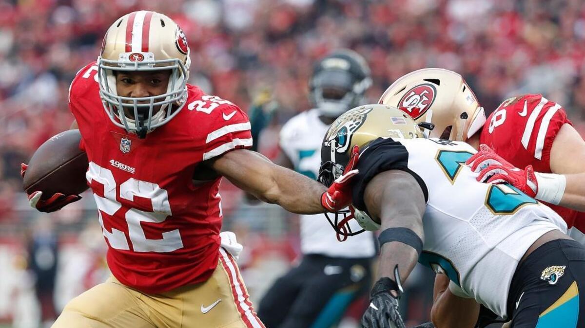 Running back Matt Breida (22) had 74 rushing yards and a touchdown in the 49ers’ 44-33 win over the Jacksonville Jaguars on Sunday.