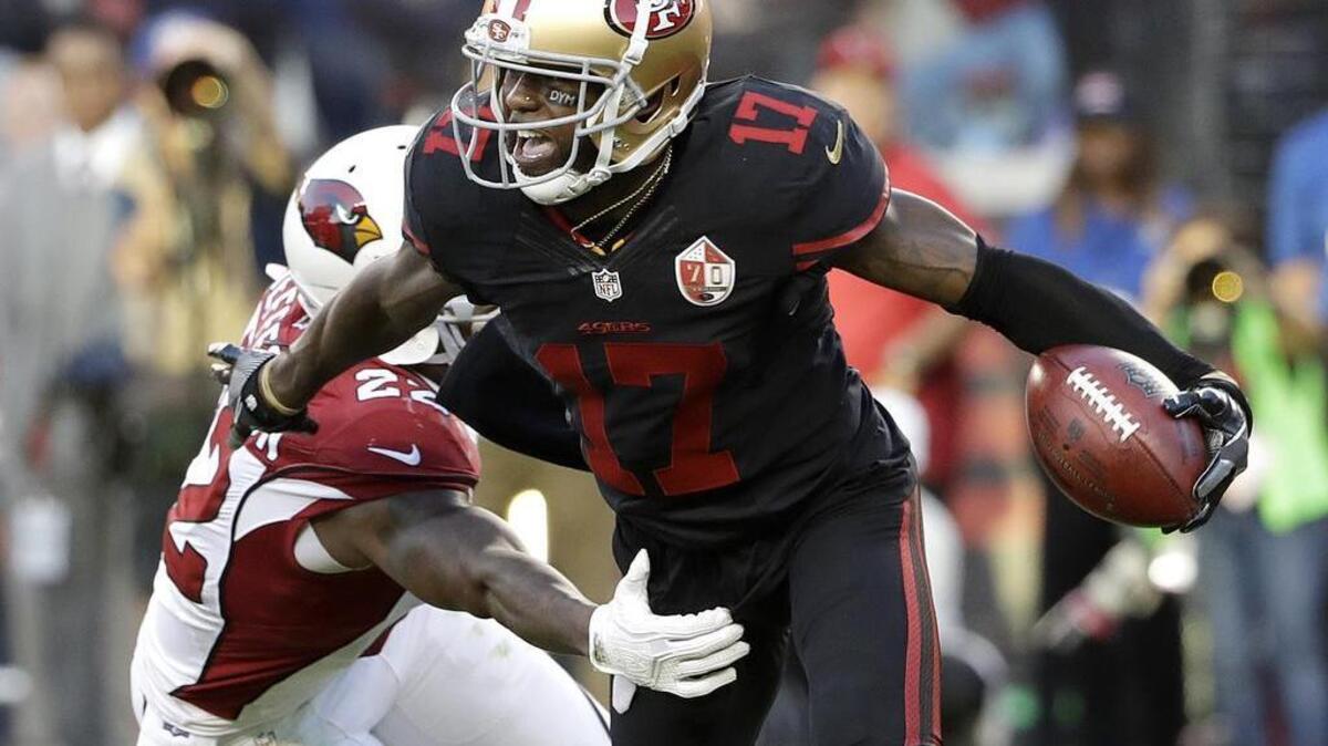 San Francisco 49ers' Jeremy Kerley (17) runs against Arizona Cardinals' Tony Jefferson during the first half of an NFL football game in Santa Clara, Calif., Thursday, Oct. 6, 2016.