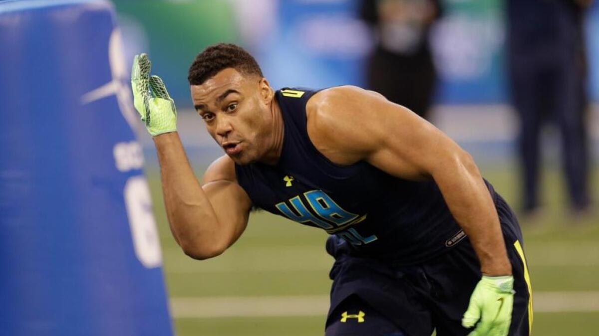 Stanford defensive end Solomon Thomas runs a drill at the NFL football scouting combine Sunday, March 5, 2017, in Indianapolis.
