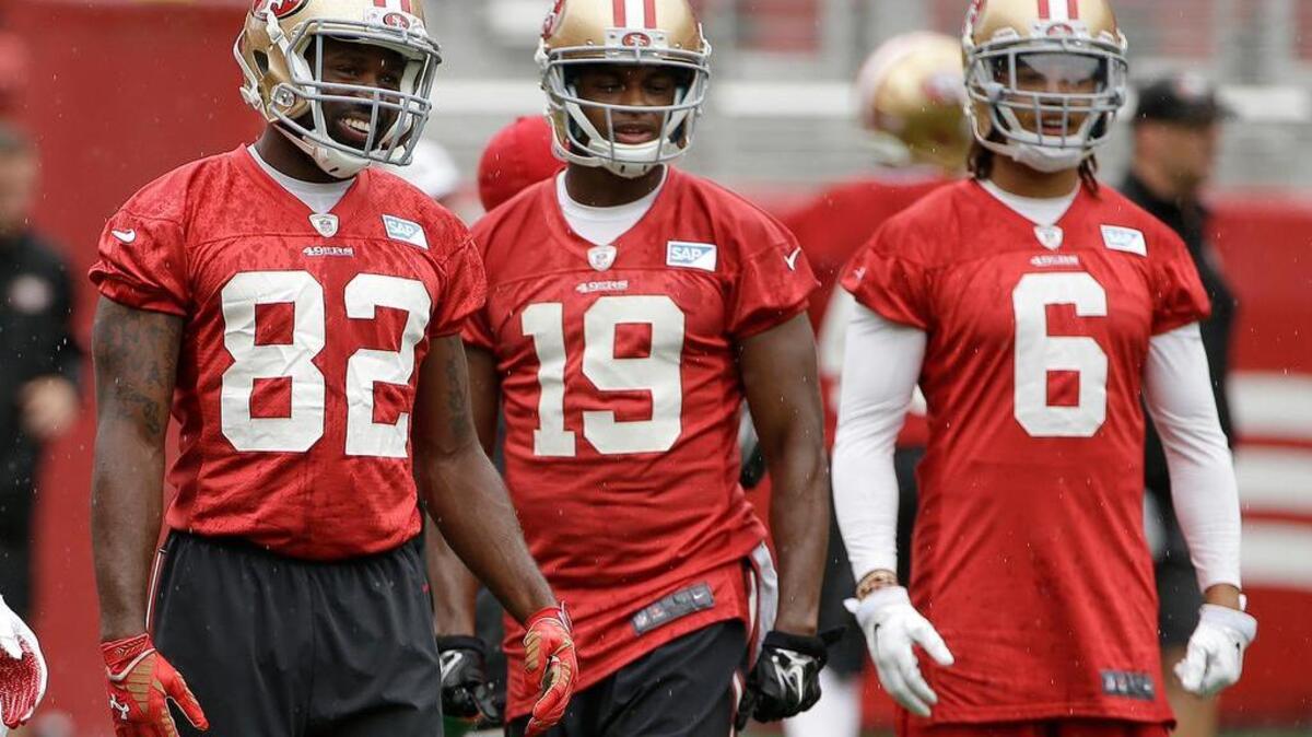 
From left, Torrey Smith, DiAndre Campbell and Dres Anderson are among the 49ers new receivers. They’re shown here during a minicamp in Santa Clara on June 10.
