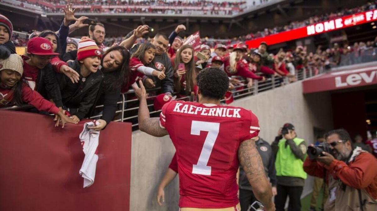 San Francisco 49ers quarterback Colin Kaepernick (7) leaves the field following the 49ers’ 17-16 win against the Atlanta Falcons at Levi’s Stadium in Santa Clara, Calif. on Nov. 11, 2015.