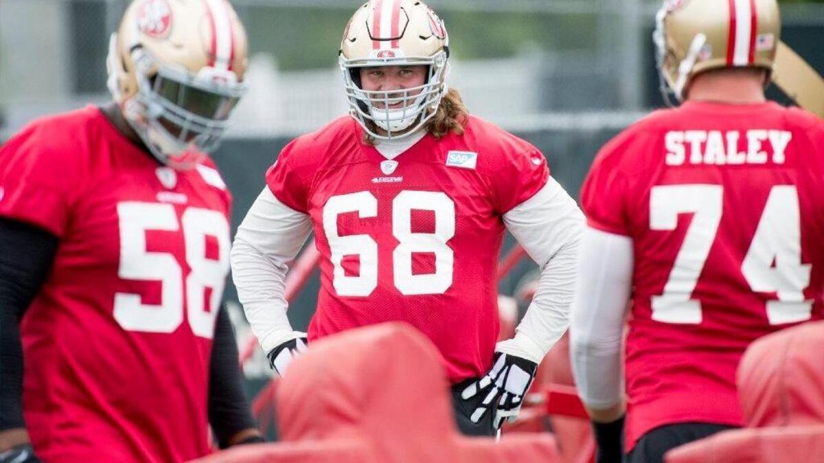 San Francisco 49ers OL Zane Beadles laughs with teammates during NFL training camp on Thursday June 8, 2017 in Santa Clara, Calif.
