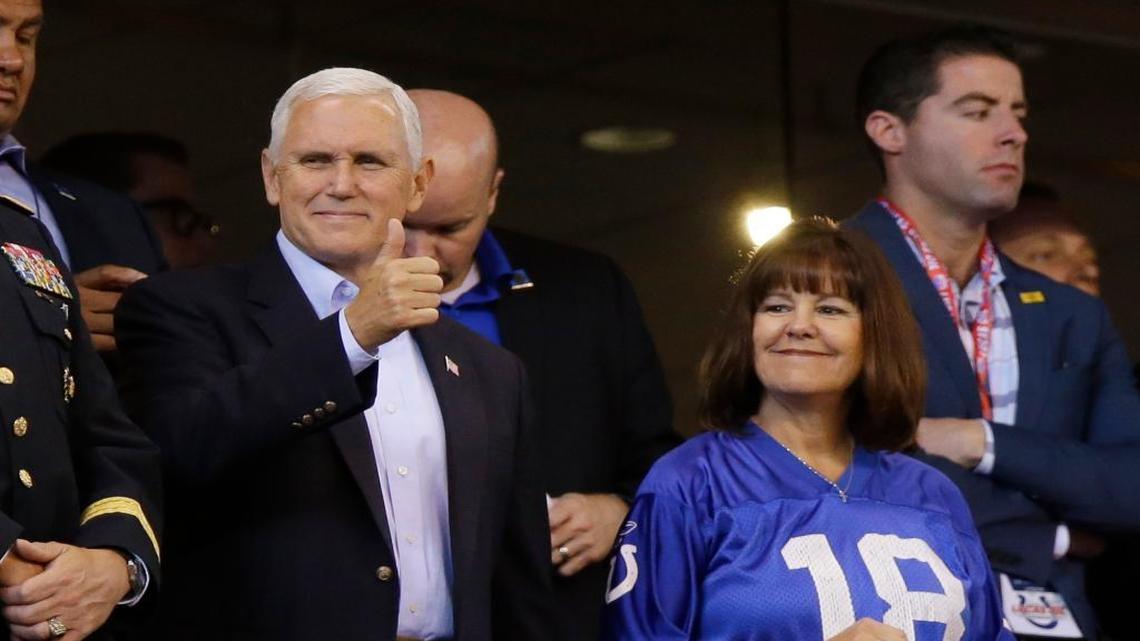 Vice President Mike Pence reacts to fans before the game between the Indianapolis Colts and the 49ers on Sunday in Indianapolis.