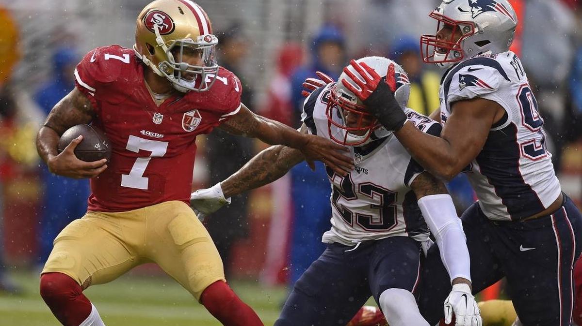 Colin Kaepernick is sacked by New England’ Patrick Chung, center, and Trey Flowers, right, in the first quarter on Sunday, Nov. 20, 2016 at Levi’s Stadium in Santa Clara, Calif.