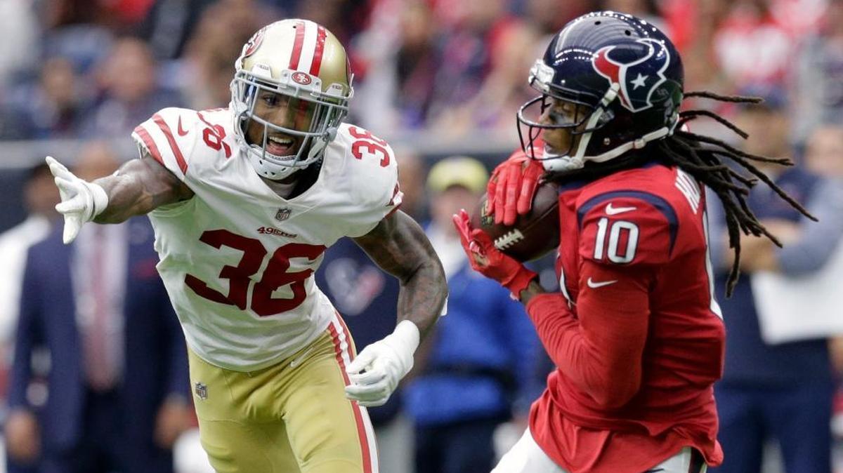 Houston Texans wide receiver DeAndre Hopkins, right, put up big numbers against 49ers cornerback Dontae Johnson.