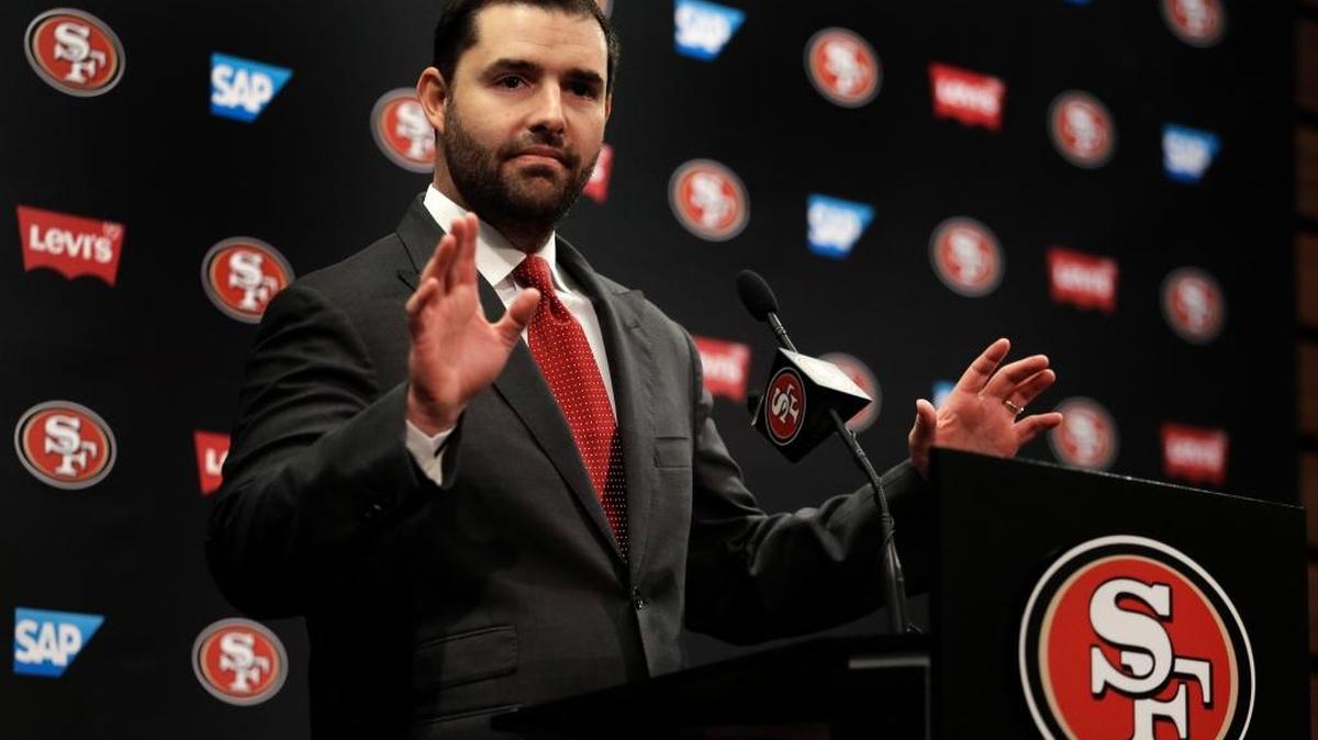 San Francisco 49ers Chief Executive Officer Jed York gestures while speaking to reporters during a media conference Monday, Jan. 4, 2016, in Santa Clara, Calif. York answered questions regarding the announcement that Jim Tomsula has been relieved of his head coaching duties.
