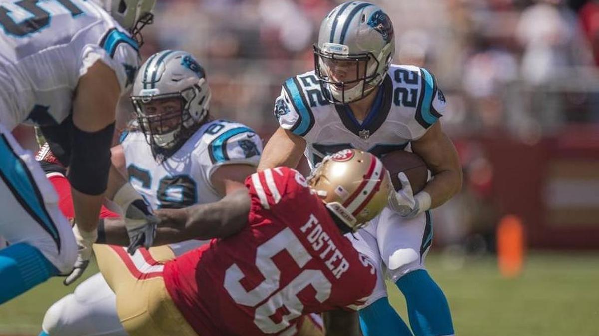Linebacker Reuben Foster injured his ankle in the first half against the Carolina Panthers