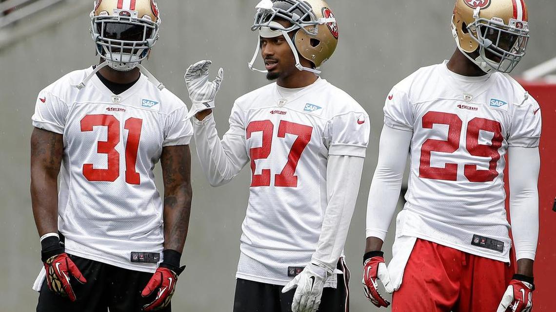 
San Francisco 49ers defensive backs L.J. McCray (31), Keith Reaser (27) and Jaquiski Tartt (29) during an NFL football mini-camp in Santa Clara, Calif., Wednesday, June 10, 2015. 

