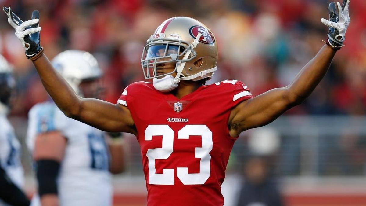 San Francisco 49ers cornerback Ahkello Witherspoon (23) signals during the second half of an NFL football game against the Tennessee Titans Sunday, Dec. 17, 2017, in Santa Clara, Calif.