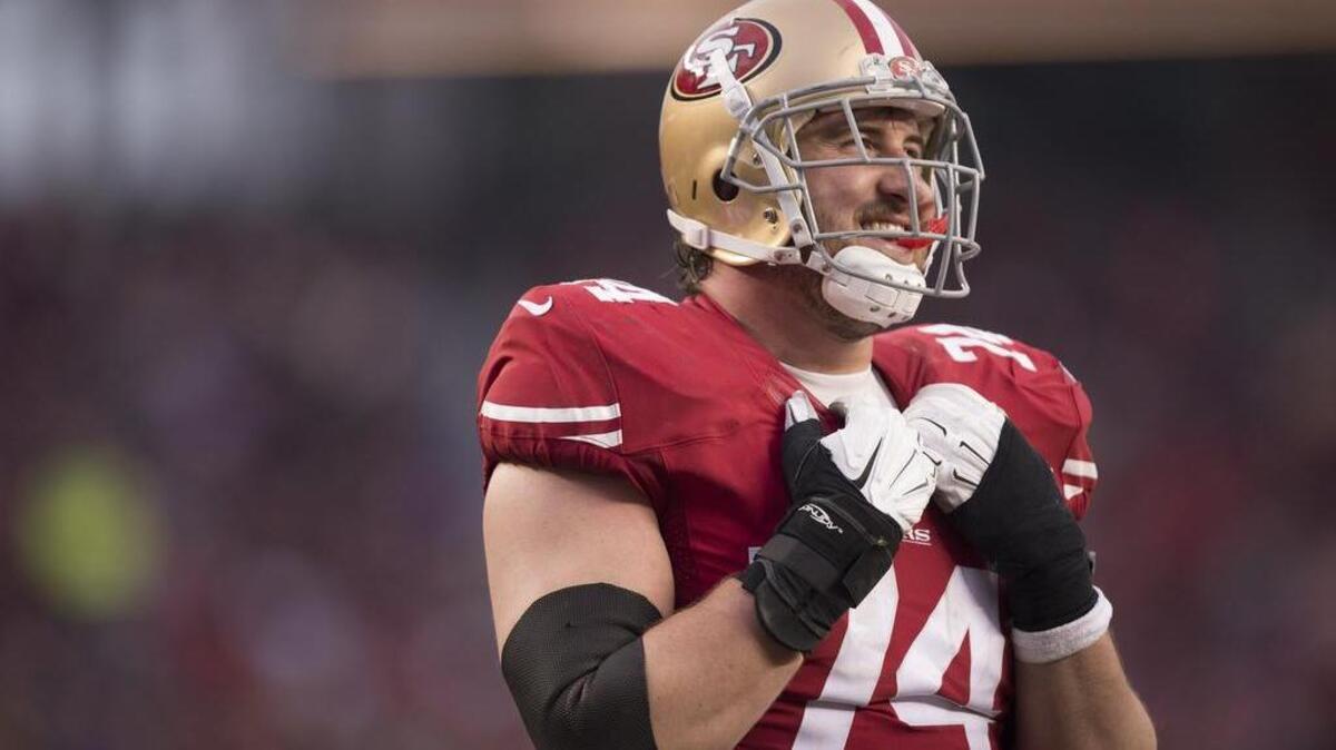 San Francisco 49ers tackle Joe Staley (74) during a timeout in the fourth quarter in the NFL game between the San Francisco 49ers and St. Louis Rams on Sunday, January 3, 2016 at AT&T Park in Santa Clara.