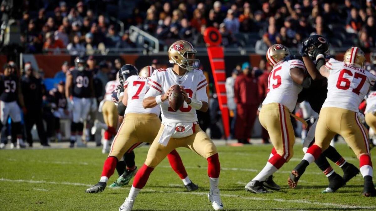 San Francisco 49ers quarterback Jimmy Garoppolo (10) throws against the Chicago Bears on Dec. 3 in Chicago.