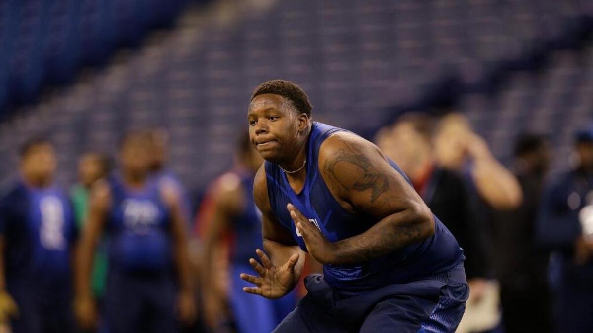 
Florida offensive lineman Trent Brown takes part in a drill at the NFL football scouting combine in Indianapolis, Feb. 20. 
