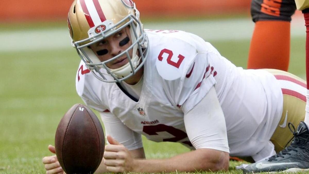 49ers quarterback Blaine Gabbert (2) reacts after being sacked during the first half against Cleveland on Sunday, Dec. 13, 2015, in Cleveland.