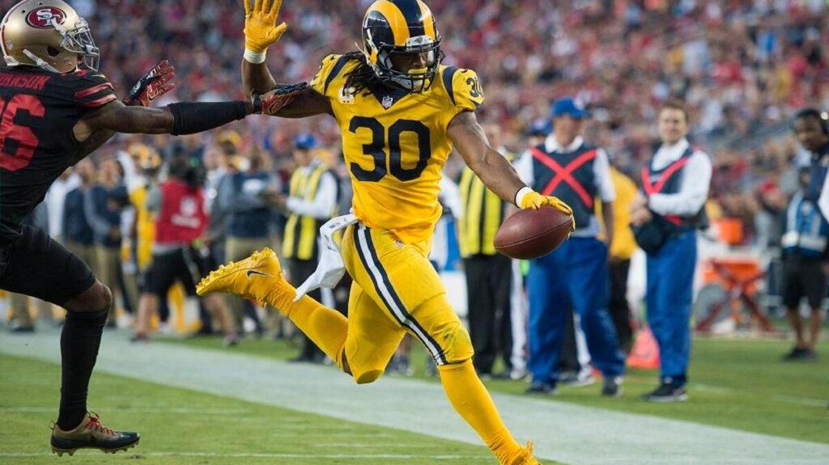 Johnson (36) for a touchdown in the second quarter during the game at Levi's Stadium on Thursday September 21, 2017 in Santa Clara, Calif.