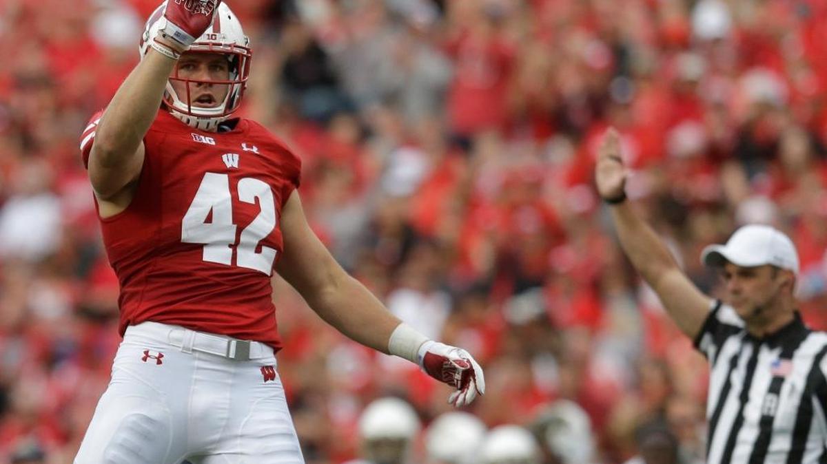 Wisconsin's T.J. Watt celebrates after a sack during an NCAA college football game against Akron Saturday, Sept. 10, 2016, in Madison, Wis.