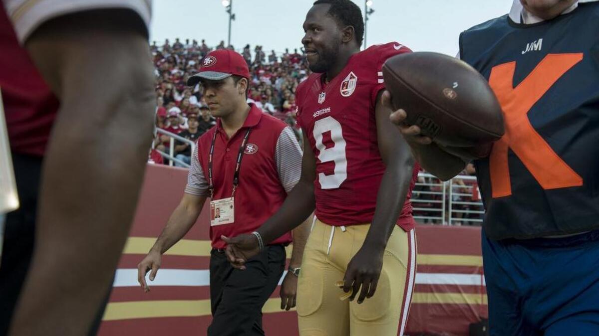 San Francisco 49ers quarterback Thad Lewis leaves the field in the third quarter on Sunday afternoon in the NFL pre-season game between the San Francisco 49ers and Houston Texans.