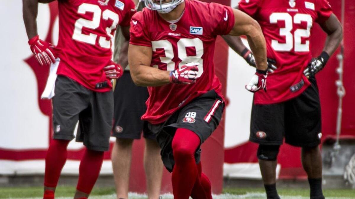 
Australian rugby star and 49ers running back Jarryd Hayne works on drills with the team during minicamp at Levi’s Stadium in Santa Clara on June 11.
